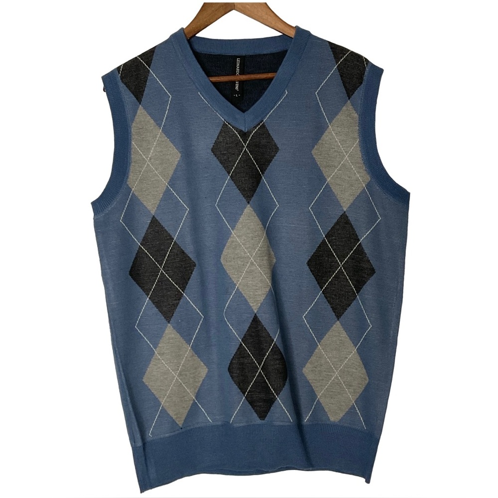 Leonardo Gavino Men's Blue Black White Argyle V-Neck Sweater Vest; Size Large.